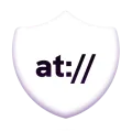A white, 3D shield with 'at://' written on it.