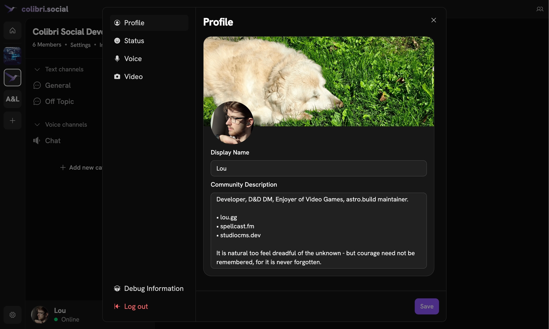A screenshot of the Colibri App UI, with the user settings for the user's profile visible.